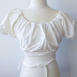ZARA White Puff Sleeve Crop Top Size S | Wrap Waist Boho Top
